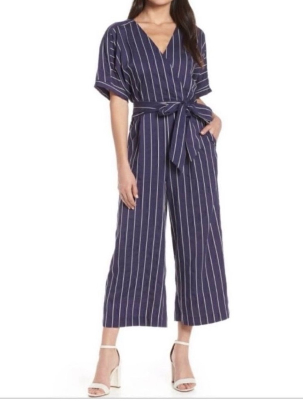Chelsea28 Navy and White Vertical-Stripe Wrap Jumpsuit with Tie Belt